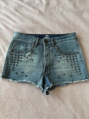 Studded Light Blue Denim High-Rise Cutoff Shorts